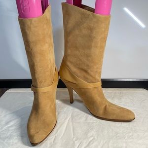Cole Haan Mid-Calf Pull On Heeled Boots Tan Camel Suede Leather Elegant Sz 10